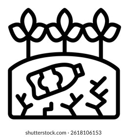 Plastic bottle under plants line icon, climate change concept. Vector graphics. Soil cut and plants sign on white background, style mobile or design