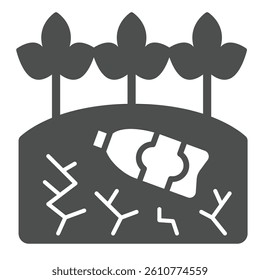 Plastic bottle under plants solid icon, climate change concept. Vector graphics. Soil ground cut and leaves plants sign on white background, glyph style icon for mobile or web design
