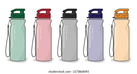 Plastic bottle or vacuum flask with cap and rope template for packaging design