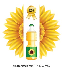 Plastic bottle with vegetable sunflower oil with flower, banner illustration