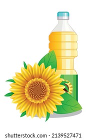 Plastic bottle with vegetable sunflower oil with flower, banner illustration