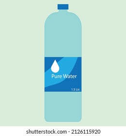 A plastic bottle of Water, 1.5 ltr. size with a blue cap, blue and light blue colors, freshwater, mineral water, cold healthy drink, water bottle label, water bottle vector illustration