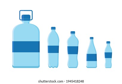 Plastic bottle for water. Plastic container with cap. Gallon of mineral water. Big and small bottle for liquid, aqua, drink. Empty clear set of container for beverage. Different packaging. Vector.