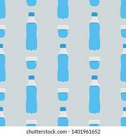 Plastic bottle of water and glass of water vector seamless pattern background.