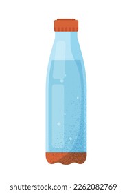 Plastic bottle with water. Liquid in container, mineral aqua. Active image of life and sports. Clean and fresh drink. Template, layout and mock up. Cartoon flat vector illustration
