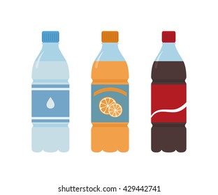 Plastic bottle of water. Orange, water and cola. Isolated on white background
