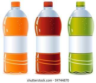 Plastic bottle of water. Orange, Cola and Green Tea. Isolated on white. Empty label. Vector