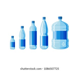 Plastic bottle water set. Blue drinking water packaged in PET Bottle. Healthy agua bottles vector illustration. Clean drink in plastic container