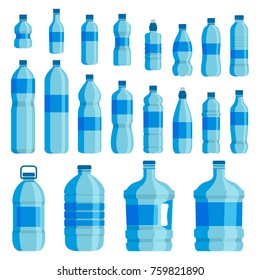 Plastic bottle water set. Blue drinking water packaged in PET Bottle, recyclable and easy to store liquids. Vector flat style cartoon illustration isolated on white background