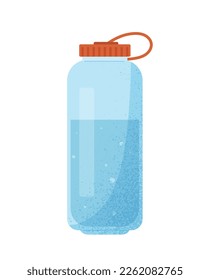 Plastic bottle with water. Sports equipment for restoring water salt balance during training. Active lifestyle and health care. Fresh and pure liquid. Cartoon flat vector illustration