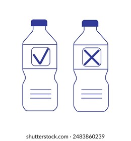 Botella de plástico con agua y un signo de garrapata y cruz