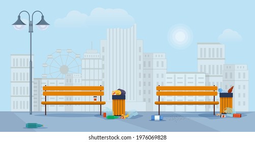 Plastic bottles, bags and other garbage on the street. Dirty street or city park with rubbish bins overflowing with of trash. Vector illustration in flat style 