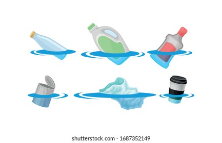 Plastic Bottles and Cans Floating in the Ocean Vector Set