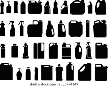 Plastic Bottles and Cans icon in flat set. Plastic Water Bottle symbols collection Cleaning and Hygiene detergent for laundry Products isolated on transparent background. vector for apps or web