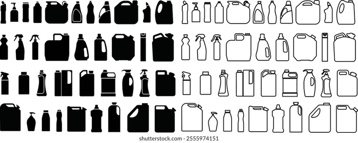 Plastic Bottles and Cans icon in flat line set. Plastic Water Bottle symbols collection Cleaning and Hygiene detergent for laundry Products isolated on transparent background. vector for apps or web