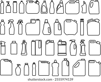 Plastic Bottles and Cans icon in line set. Plastic Water Bottle symbols collection Cleaning and Hygiene detergent for laundry Products isolated on transparent background. vector for apps or web