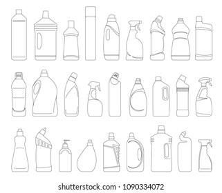 Plastic bottles of cleaning products. Line vector icon bottles of cleaning supplies isolated on white background. Household chemicals and cleaning supplies.