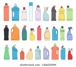 Plastic bottles of cleaning products. Line vector icon bottles of cleaning supplies isolated on white background. Household chemicals and cleaning supplies.