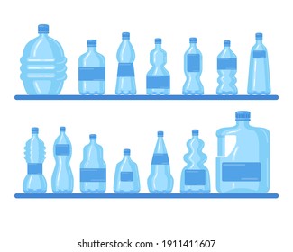 Colección de botellas de plástico. Contenedores transparentes de diferentes tamaños, litros para el reciclado, aislados en blanco. Ilustraciones vectoriales para consumo puro de agua, envasado, concepto de basura reutilizable