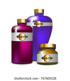 Plastic bottles. Cosmetics bottle template design. Vector blank mock up. Cream or lotion bath care.