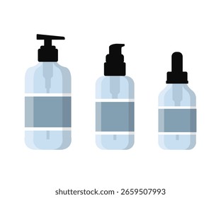 Plastikflaschen für Kosmetika im flachen Stil, einzeln auf weißem Hintergrund. Kosmetisches Serum, Öl, Lotionspackung. Vektorgrafik