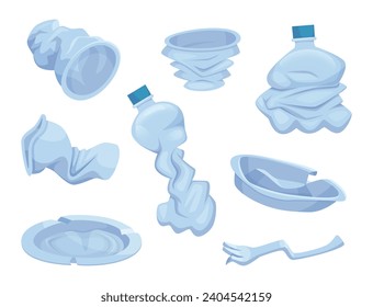 Plastic bottles. Crumpled broken containers and bottles exact vector eco garbage illustrations in cartoon style