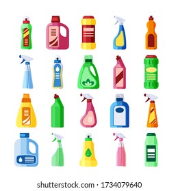 Plastic bottles with detergent set. Bottles of various shapes with soapy chemical liquid for cleaning, bleaching, washing, cleaning disinfection of houses, premises.Vector graphics in flat style.