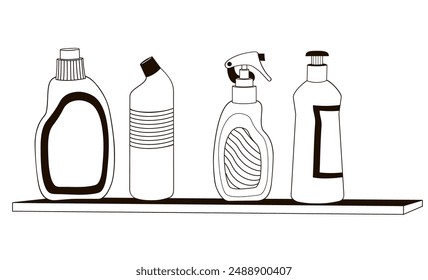 plastic bottles with detergents on the shelf