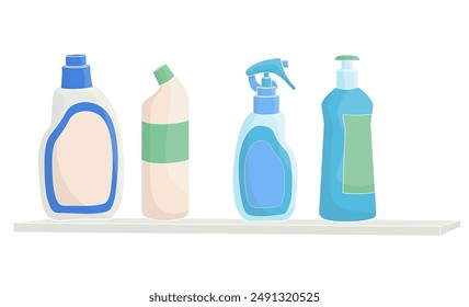 plastic bottles with detergents on the shelf