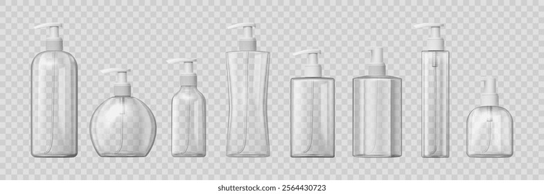 Plastic bottles with dispenser airless pump, isolated realistic set of containers. Vector transparent background, glass package with press caps. Cosmetics and body care products mockups