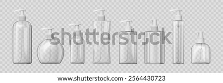 Plastic bottles with dispenser airless pump, isolated realistic set of containers. Vector transparent background, glass package with press caps. Cosmetics and body care products mockups