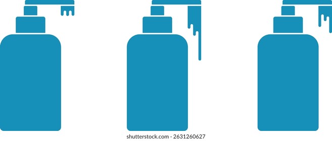 plastic bottles with dispenser and liquid soap, simple blue liquid soap icons with drips