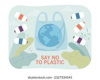Plastic bottles and Earth on plastic bag vector illustration. Cartoon drawing of globe and say no to plastic text on bag, protection of planet. Ecology, environment, nature, pollution concept