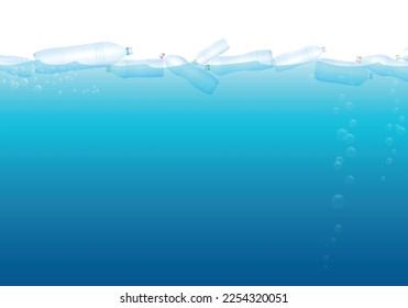 Plastic bottles floating on the sea, symbol for excessive consumption and environmental pollution. Isolated vector illustration on blank deep blue ocean background.
