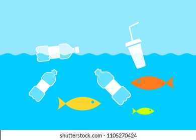 Plastic bottles are floating in polluted and contaminated water. Pollution of river, sea and ocean by rubbish, waste and refuse. Environmental and ecological problem of nature. Vector illustration