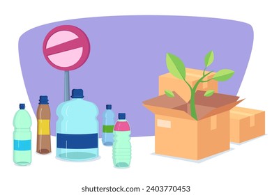 Plastic bottles with forbidden sign versus eco-friendly packages vector illustration. Ban on non-recyclable packaging concept