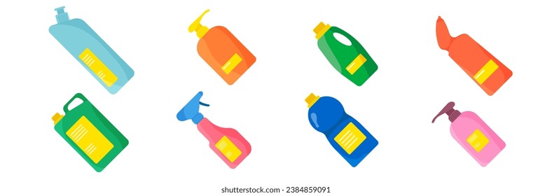 Plastic bottles of household chemicals and cleaning products. Plastic containers for liquid laundry detergent, soap, disinfectant spray, bleach. Flat vector icon bottles of cleaning supplies. 