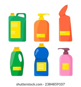 Plastic bottles of household chemicals and cleaning products. Plastic containers for liquid laundry detergent, soap, disinfectant spray, bleach. Flat vector icon bottles of cleaning supplies. 