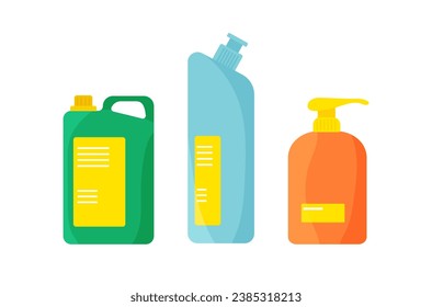 Plastic bottles of household chemicals and cleaning products. Plastic containers for liquid laundry detergent, soap, disinfectant spray, bleach. Flat vector icon bottles of cleaning supplies. 