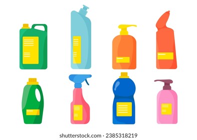 Plastic bottles of household chemicals and cleaning products. Plastic containers for liquid laundry detergent, soap, disinfectant spray, bleach. Flat vector icon bottles of cleaning supplies. 