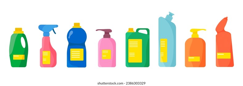 Plastic bottles of household chemicals and cleaning products. Plastic containers for liquid laundry detergent, soap, disinfectant spray, bleach. Flat vector icon bottles of cleaning supplies. 