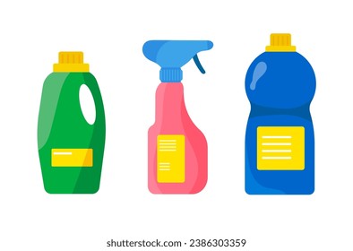 Plastic bottles of household chemicals and cleaning products. Plastic containers for liquid laundry detergent, soap, disinfectant spray, bleach. Flat vector icon bottles of cleaning supplies. 