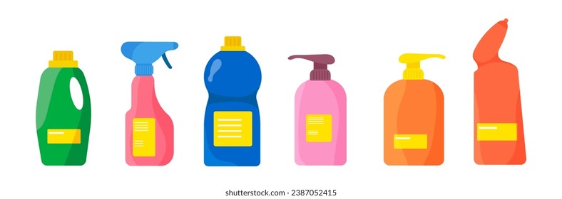 Plastic bottles of household chemicals and cleaning products. Plastic containers for liquid laundry detergent, soap, disinfectant spray, bleach. Flat vector icon bottles of cleaning supplies. 