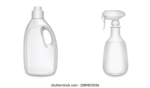 Botellas de plástico para productos químicos domésticos, detergentes, jabón y limpiadores. Modelación vectorial realista de los envases 3d en blanco con limpiador y pulverizador aislados en fondo blanco