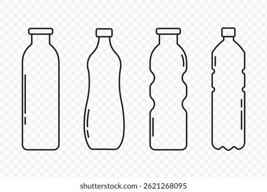 Conjunto de iconos de botellas de plástico. Icono de contorno de color negro sobre fondo transparente. EPS 10.
