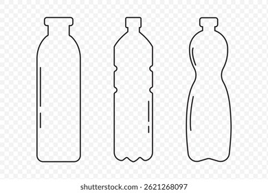 Conjunto de iconos de botellas de plástico. Icono de contorno de color negro sobre fondo transparente. EPS 10.