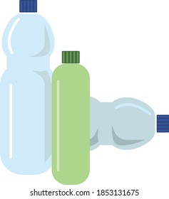 Plastic bottles isolated on a white background. Two plastic bottles are standing and one is lying. Flat infographics. Vector illustration
