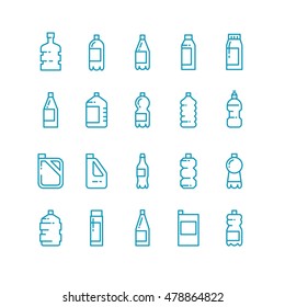 Plastic bottles line vector icons set. Container for beverage or milk, jerrycan in linear style for oil illustration