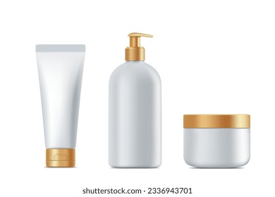 Plastic bottles mockups for cream and soap. Packaging templates set. Vector isolated on white background.