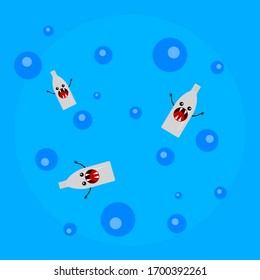 Plastic Bottles Monsters Float Under Water Cartoon Characters With Sharp Fangs On The Background Of Round Bubbles Concept Of Pollution Of The Environment